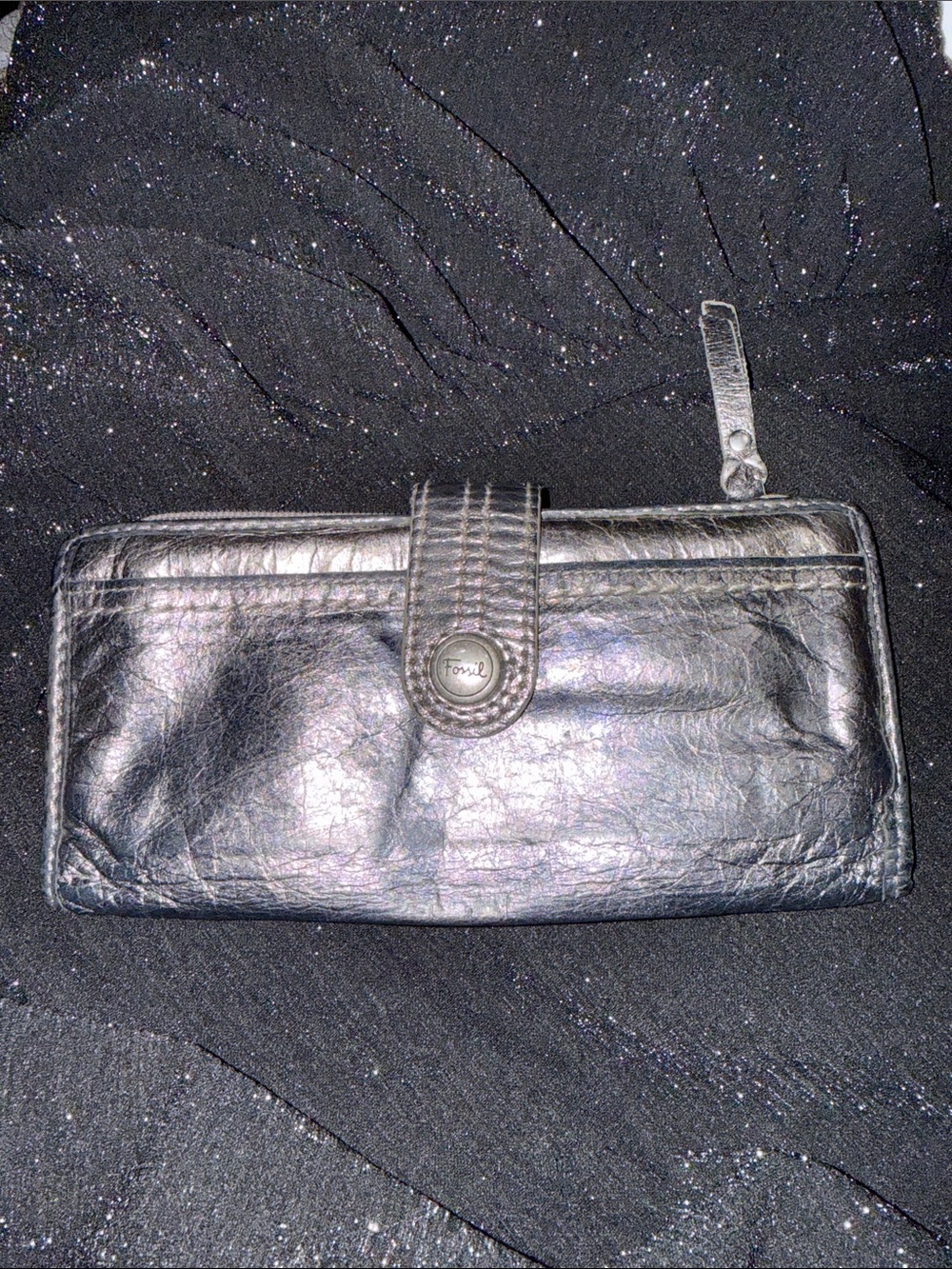 Fossil Black Leather Wristlet Wallet with Snap Strap